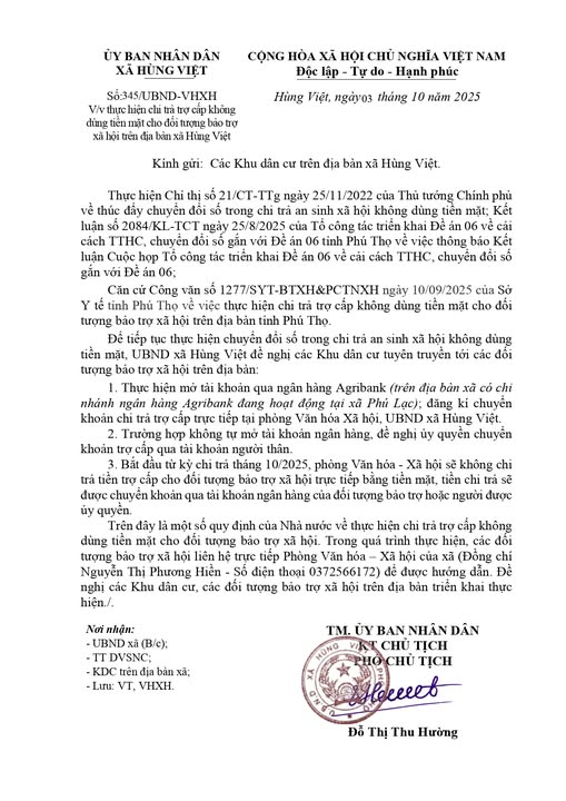 THỰC HIỆN CHI TRẢ TRỢ CẤP KHÔNG DÙNG TIỀN MẶT CHO ĐỐI TƯỢNG BẢO TRỢ XÃ HỘI TRÊN ĐỊA BÀN XÃ HÙNG VIỆT